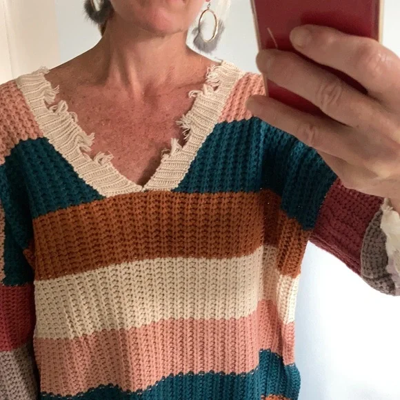 Oversized, Distressed Striped Sweater - Picture 7 of 8